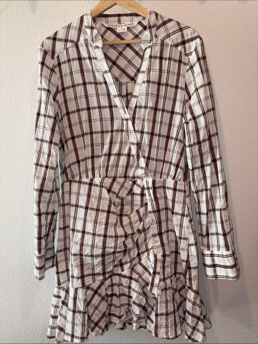 Veronica Beard White Plaid Wrap Dress with Burgundy and Black Lines